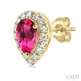 5x3 MM Pear Shape Pink Tourmaline and 1/8 ctw Single Cut Diamond Halo Semi Precious Stud Earrings in 10K Yellow Gold