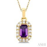 5x3 MM Octagonal Shape Amethyst and 1/20 ctw Single Cut Diamond Halo Semi Precious Pendant with Chain in 14K Yellow Gold