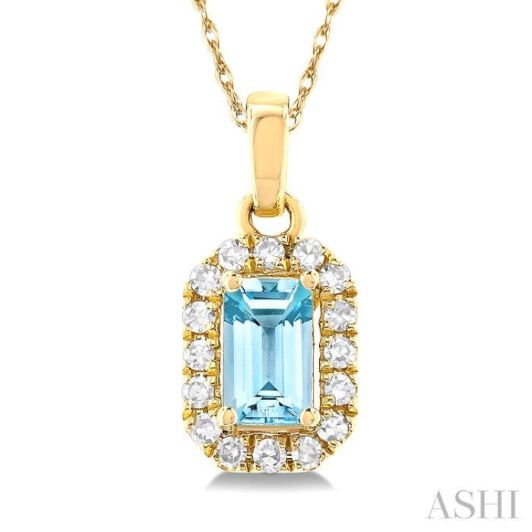 5x3 MM Octagonal Shape Aquamarine and 1/20 ctw Single Cut Diamond Halo Semi Precious Pendant with Chain in 14K Yellow Gold