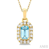 5x3 MM Octagonal Shape Aquamarine and 1/20 ctw Single Cut Diamond Halo Semi Precious Pendant with Chain in 14K Yellow Gold