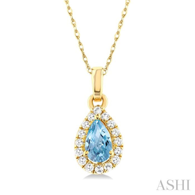 5x3 MM Pear Shape Aquamarine and 1/20 ctw Single Cut Diamond Halo Semi Precious Pendant with Chain in 14K Yellow Gold