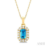 5x3 MM Octagonal Shape Blue Topaz and 1/20 ctw Single Cut Diamond Halo Semi Precious Pendant with Chain in 14K Yellow Gold