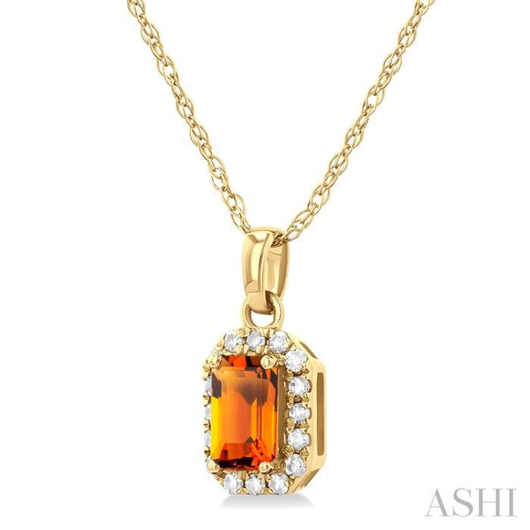 5x3 MM Octagonal Shape Citrine and 1/20 ctw Single Cut Diamond Halo Semi Precious Pendant with Chain in 14K Yellow Gold