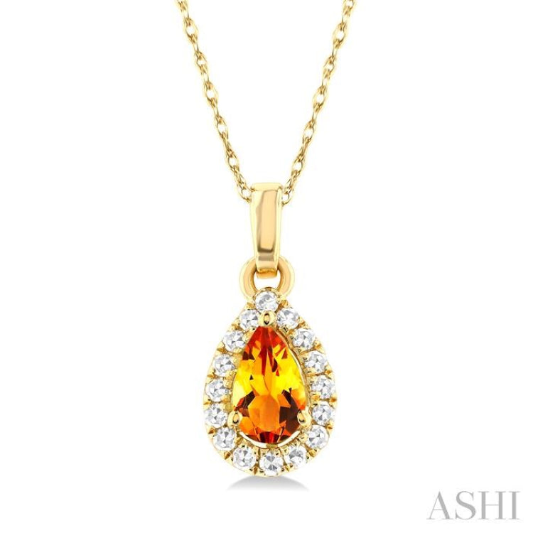 5x3 MM Pear Shape Citrine and 1/20 ctw Single Cut Diamond Halo Semi Precious Pendant with Chain in 14K Yellow Gold