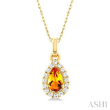 5x3 MM Pear Shape Citrine and 1/20 ctw Single Cut Diamond Halo Semi Precious Pendant with Chain in 14K Yellow Gold