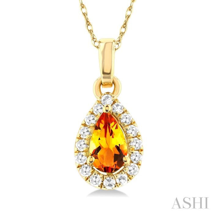 5x3 MM Pear Shape Citrine and 1/20 ctw Single Cut Diamond Halo Semi Precious Pendant with Chain in 14K Yellow Gold
