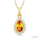 5x3 MM Pear Shape Citrine and 1/20 ctw Single Cut Diamond Halo Semi Precious Pendant with Chain in 14K Yellow Gold