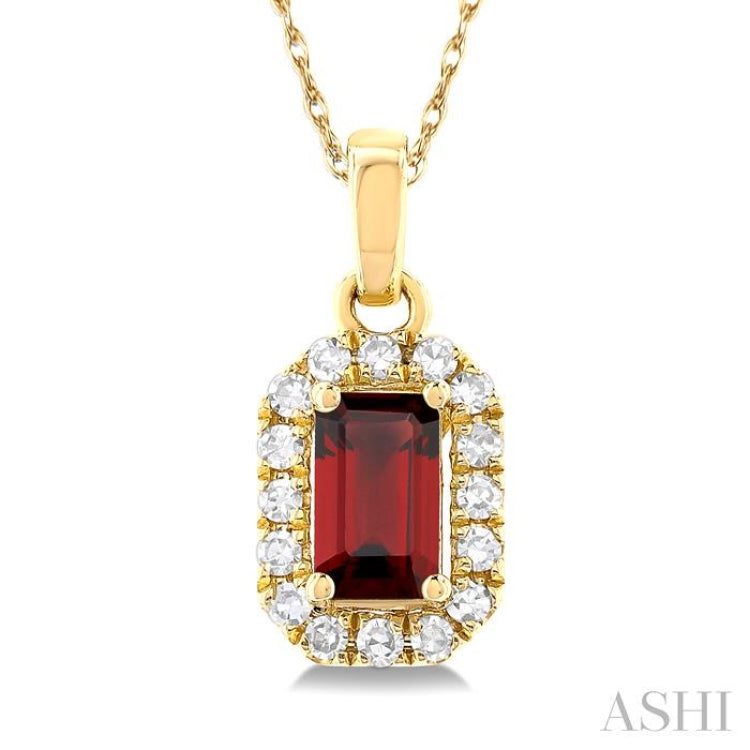 5x3 MM Octagonal Shape Garnet and 1/20 ctw Single Cut Diamond Halo Semi Precious Pendant with Chain in 14K Yellow Gold