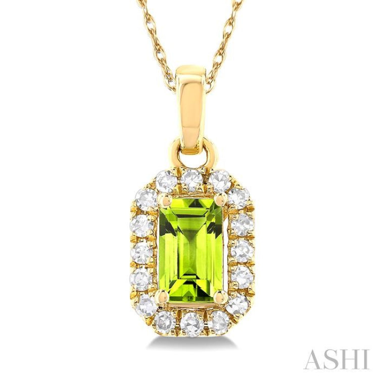 5x3 MM Octagonal Shape Peridot and 1/20 ctw Single Cut Diamond Halo Semi Precious Pendant with Chain in 14K Yellow Gold