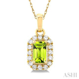 5x3 MM Octagonal Shape Peridot and 1/20 ctw Single Cut Diamond Halo Semi Precious Pendant with Chain in 14K Yellow Gold