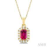 5x3 MM Octagonal Shape Pink Tourmaline and 1/20 ctw Single Cut Diamond Halo Semi Precious Pendant with Chain in 14K Yellow Gold