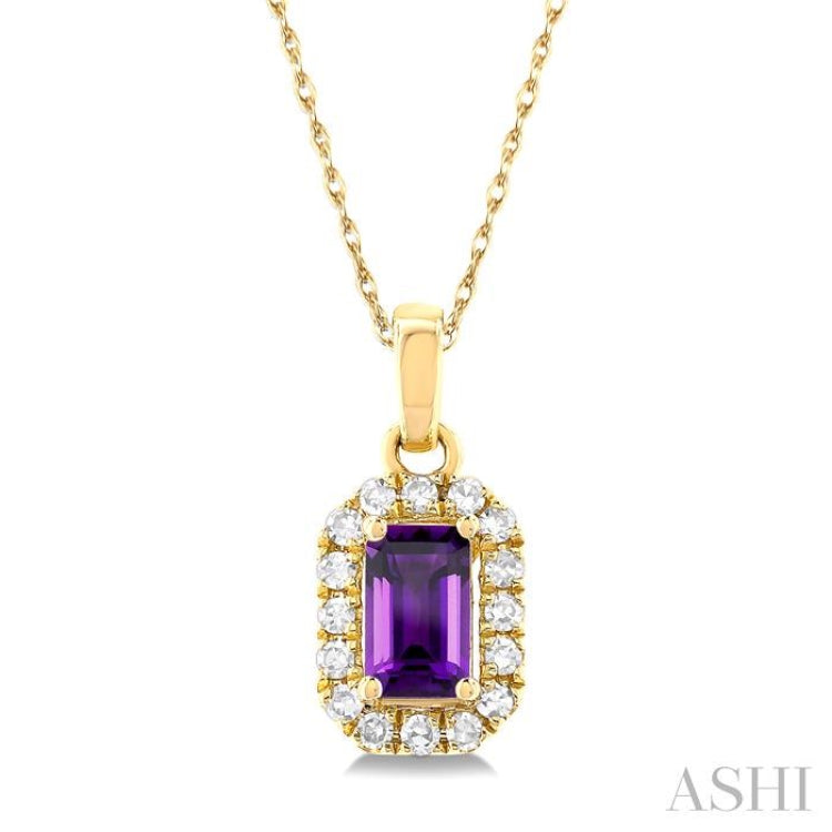 5x3 MM Octagonal Shape Amethyst and 1/20 ctw Single Cut Diamond Halo Semi Precious Pendant with Chain in 10K Yellow Gold