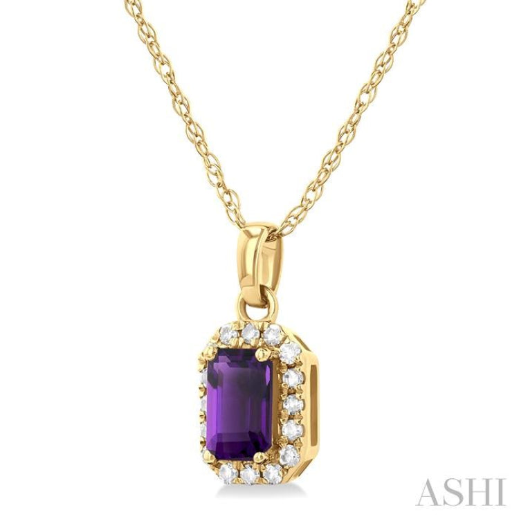 5x3 MM Octagonal Shape Amethyst and 1/20 ctw Single Cut Diamond Halo Semi Precious Pendant with Chain in 10K Yellow Gold
