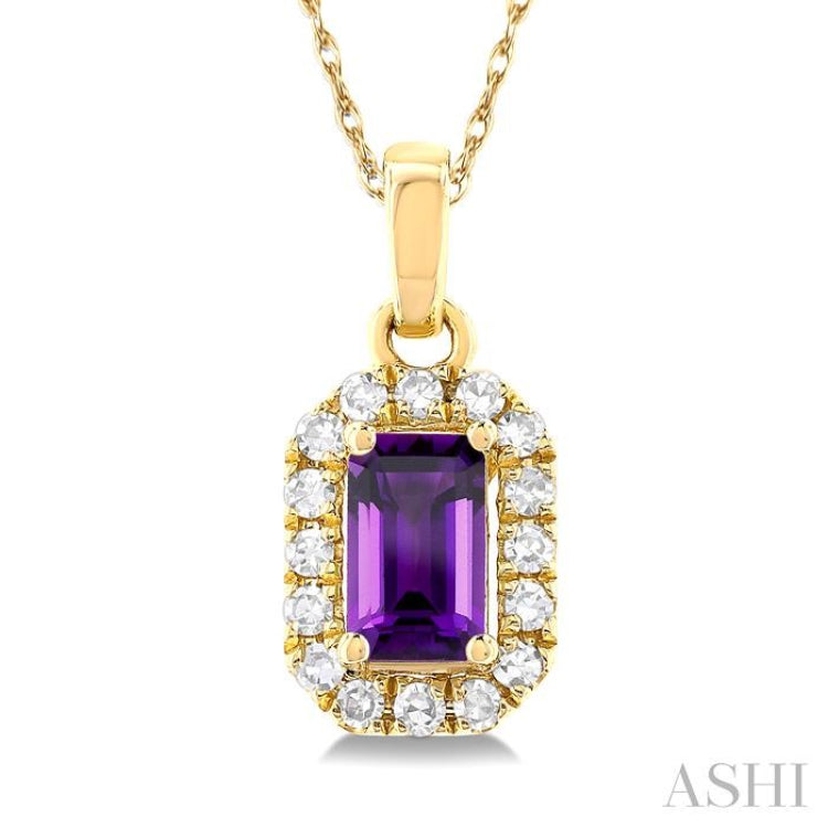 5x3 MM Octagonal Shape Amethyst and 1/20 ctw Single Cut Diamond Halo Semi Precious Pendant with Chain in 10K Yellow Gold