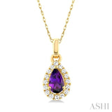 5x3 MM Pear Shape Amethyst and 1/20 ctw Single Cut Diamond Halo Semi Precious Pendant with Chain in 10K Yellow Gold