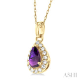 5x3 MM Pear Shape Amethyst and 1/20 ctw Single Cut Diamond Halo Semi Precious Pendant with Chain in 10K Yellow Gold