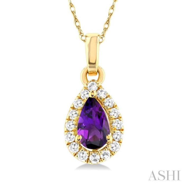 5x3 MM Pear Shape Amethyst and 1/20 ctw Single Cut Diamond Halo Semi Precious Pendant with Chain in 10K Yellow Gold