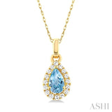 5x3 MM Pear Shape Aquamarine and 1/20 ctw Single Cut Diamond Halo Semi Precious Pendant with Chain in 10K Yellow Gold