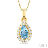 5x3 MM Pear Shape Aquamarine and 1/20 ctw Single Cut Diamond Halo Semi Precious Pendant with Chain in 10K Yellow Gold