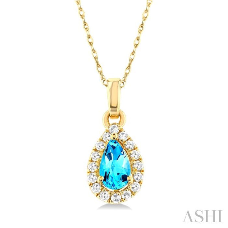 5x3 MM Pear Shape Blue Topaz and 1/20 ctw Single Cut Diamond Halo Semi Precious Pendant with Chain in 10K Yellow Gold