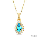 5x3 MM Pear Shape Blue Topaz and 1/20 ctw Single Cut Diamond Halo Semi Precious Pendant with Chain in 10K Yellow Gold