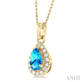 5x3 MM Pear Shape Blue Topaz and 1/20 ctw Single Cut Diamond Halo Semi Precious Pendant with Chain in 10K Yellow Gold