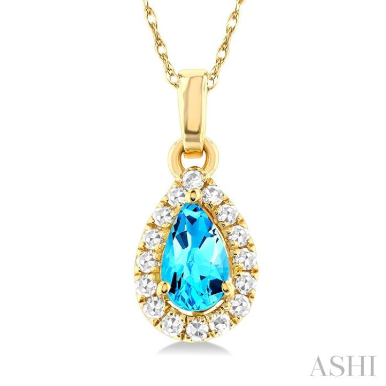 5x3 MM Pear Shape Blue Topaz and 1/20 ctw Single Cut Diamond Halo Semi Precious Pendant with Chain in 10K Yellow Gold