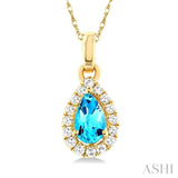 5x3 MM Pear Shape Blue Topaz and 1/20 ctw Single Cut Diamond Halo Semi Precious Pendant with Chain in 10K Yellow Gold