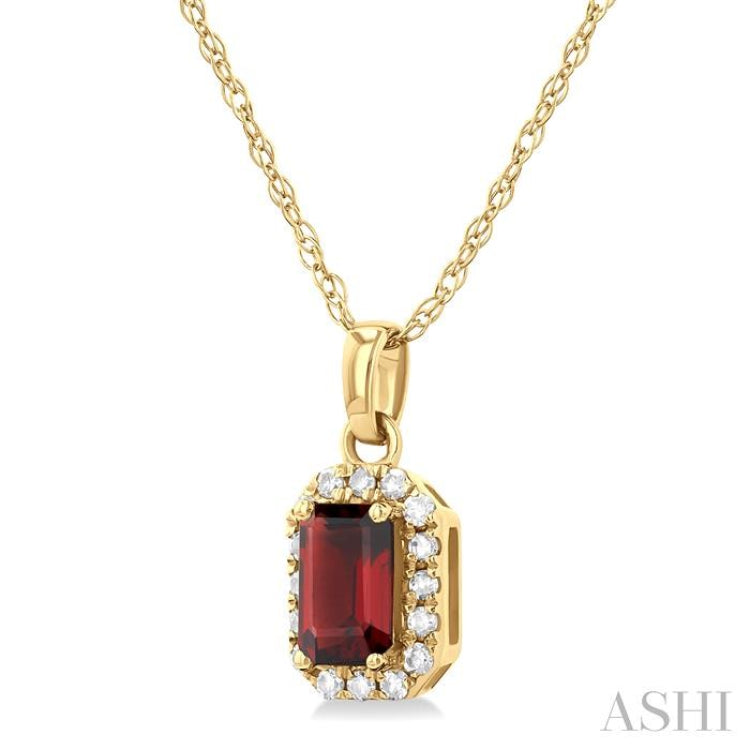 5x3 MM Octagonal Shape Garnet and 1/20 ctw Single Cut Diamond Halo Semi Precious Pendant with Chain in 10K Yellow Gold