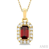 5x3 MM Octagonal Shape Garnet and 1/20 ctw Single Cut Diamond Halo Semi Precious Pendant with Chain in 10K Yellow Gold
