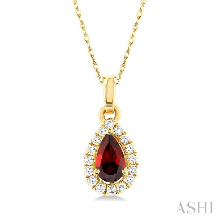 5x3 MM Pear Shape Garnet and 1/20 ctw Single Cut Diamond Halo Semi Precious Pendant with Chain in 10K Yellow Gold