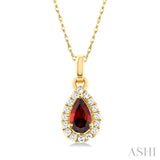 5x3 MM Pear Shape Garnet and 1/20 ctw Single Cut Diamond Halo Semi Precious Pendant with Chain in 10K Yellow Gold