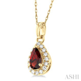 5x3 MM Pear Shape Garnet and 1/20 ctw Single Cut Diamond Halo Semi Precious Pendant with Chain in 10K Yellow Gold