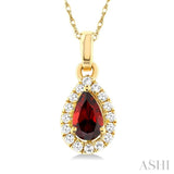 5x3 MM Pear Shape Garnet and 1/20 ctw Single Cut Diamond Halo Semi Precious Pendant with Chain in 10K Yellow Gold
