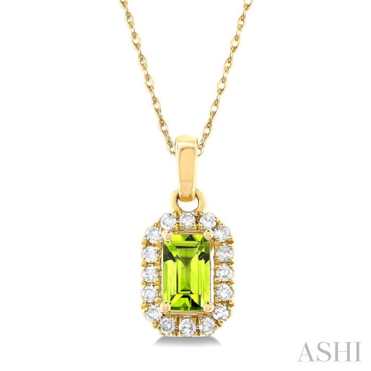 5x3 MM Octagonal Shape Peridot and 1/20 ctw Single Cut Diamond Halo Semi Precious Pendant with Chain in 10K Yellow Gold