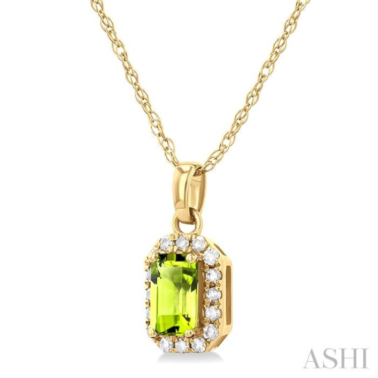 5x3 MM Octagonal Shape Peridot and 1/20 ctw Single Cut Diamond Halo Semi Precious Pendant with Chain in 10K Yellow Gold