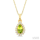5x3 MM Pear Shape Peridot and 1/20 ctw Single Cut Diamond Halo Semi Precious Pendant with Chain in 10K Yellow Gold