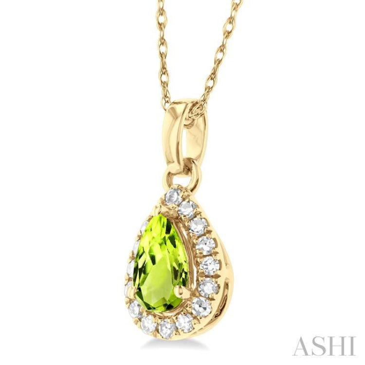 5x3 MM Pear Shape Peridot and 1/20 ctw Single Cut Diamond Halo Semi Precious Pendant with Chain in 10K Yellow Gold