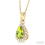 5x3 MM Pear Shape Peridot and 1/20 ctw Single Cut Diamond Halo Semi Precious Pendant with Chain in 10K Yellow Gold
