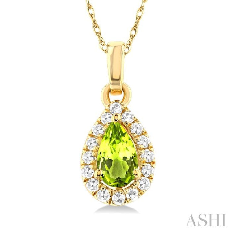 5x3 MM Pear Shape Peridot and 1/20 ctw Single Cut Diamond Halo Semi Precious Pendant with Chain in 10K Yellow Gold
