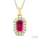5x3 MM Octagonal Shape Pink Tourmaline and 1/20 ctw Single Cut Diamond Halo Semi Precious Pendant with Chain in 10K Yellow Gold