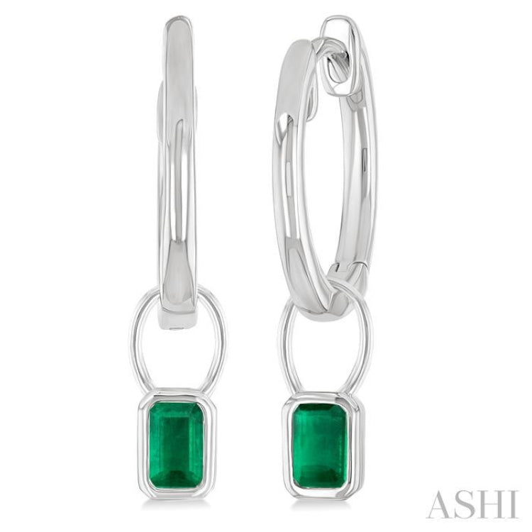 5x3 MM Bezel Set Emerald Precious Fashion Huggie Earrings in 14K White Gold