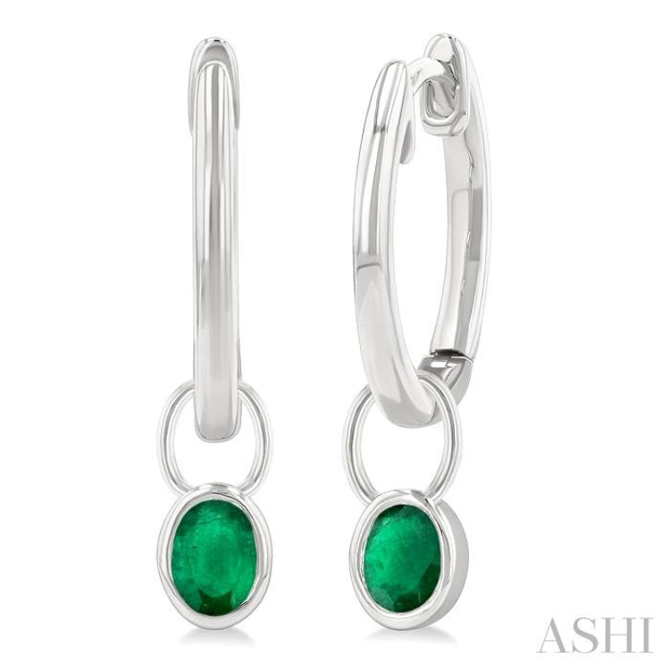 5x3 MM Bezel Set Oval Cut Emerald Precious Fashion Huggie Earrings in 14K White Gold