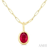 6x4 MM Bezel Set Oval Cut Ruby Precious Fashion Pendant With Paperclip Chain in 14K Yellow Gold