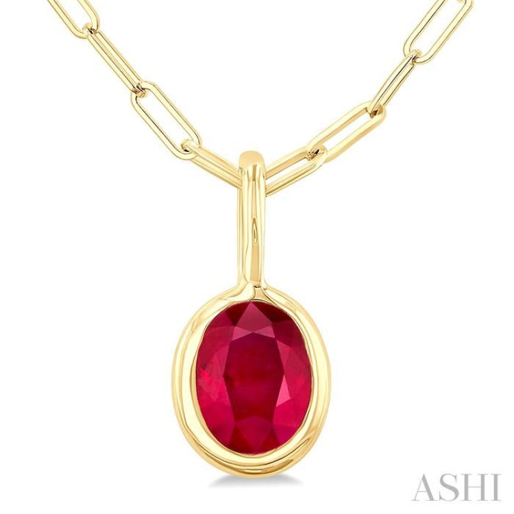 6x4 MM Bezel Set Oval Cut Ruby Precious Fashion Pendant With Paperclip Chain in 14K Yellow Gold