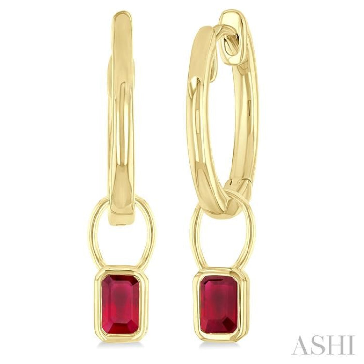 5x3 MM Bezel Set Emerald Cut Ruby Precious Fashion Huggie Earrings in 10K Yellow Gold