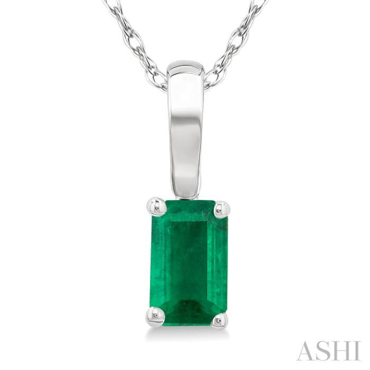 5X3 MM Octagon Shape Emerald Precious Solitaire Pendant With Chain in 14K White Gold