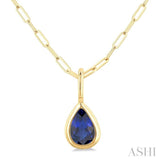 6x4 MM Bezel Set Pear Cut Sapphire Precious Fashion Pendant With Paperclip Chain in 10K Yellow Gold