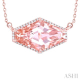 16x10 MM Hexagon Shape Morganite and 1/10 ctw Round Cut Diamond Halo Semi Precious Pendant With Chain in 14K Rose Gold