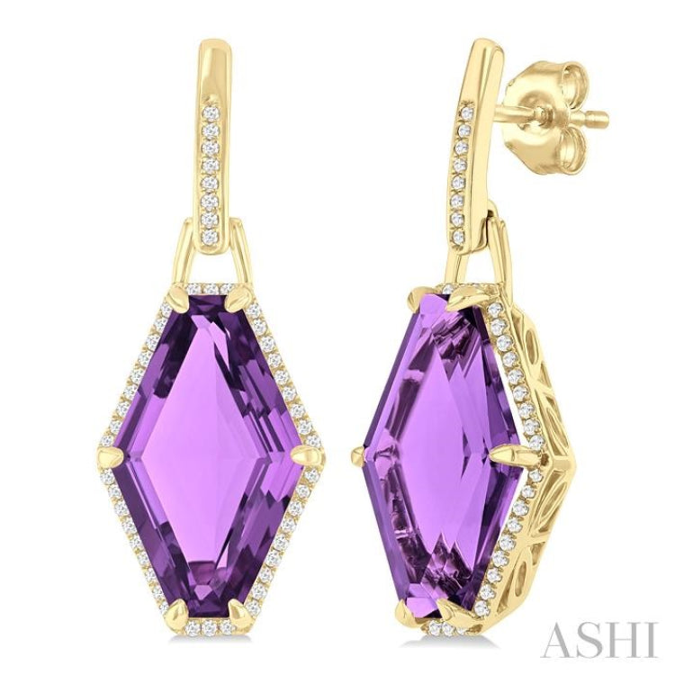 16x10 MM Hexagon Shape Amethyst and 1/4 ctw Round Cut Diamond Halo Semi Precious Earrings in 14K Yellow Gold